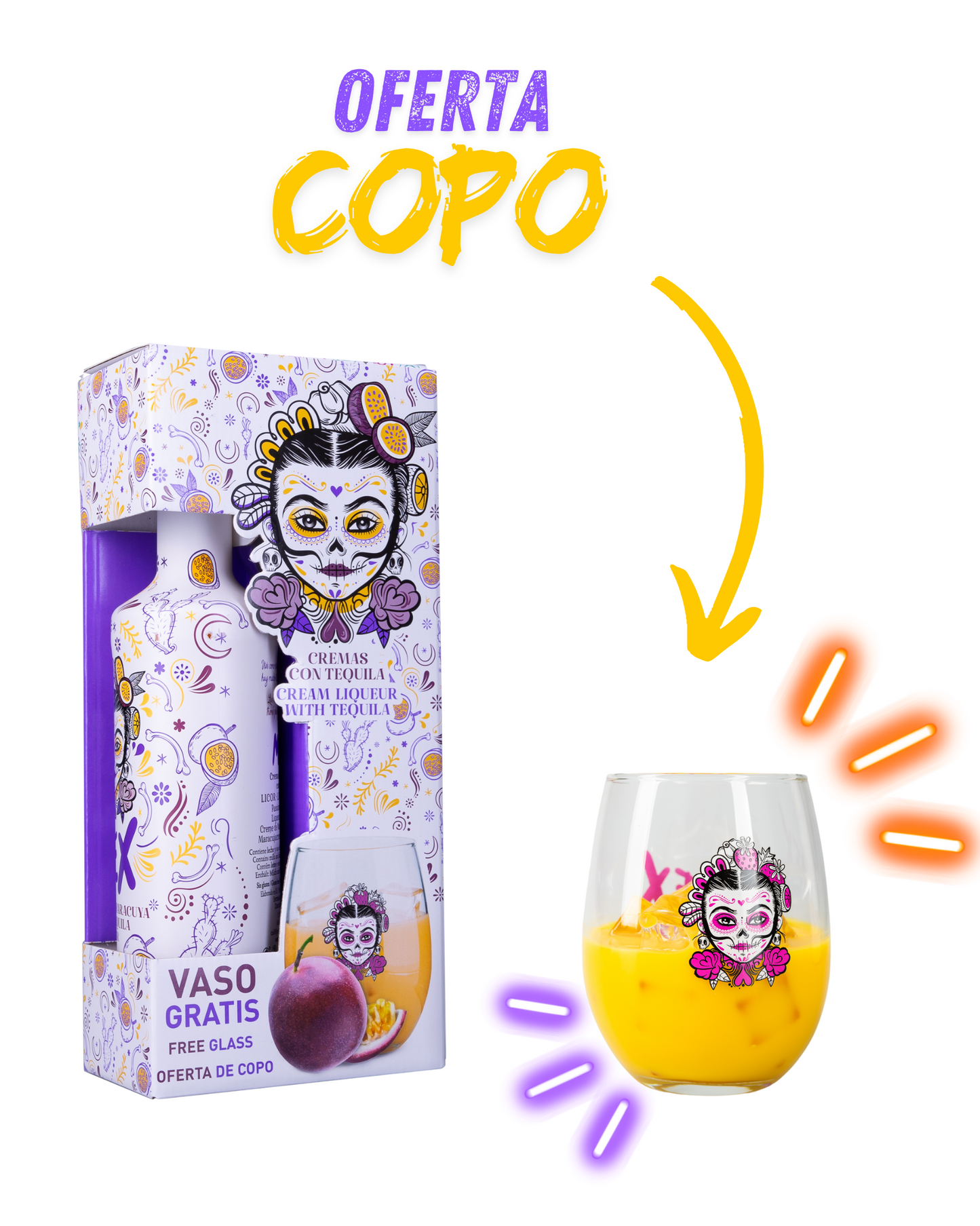 PACK GARRAFA + oferta de COPO - BEBIDA COM TEQUILA - MEX CREAM MARACUJÁ 70cl