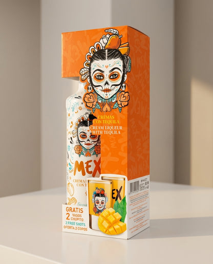 PACK GARRAFA + 2 Copos Shot - BEBIDA COM TEQUILA - MEX CREAM MANGA 70cl