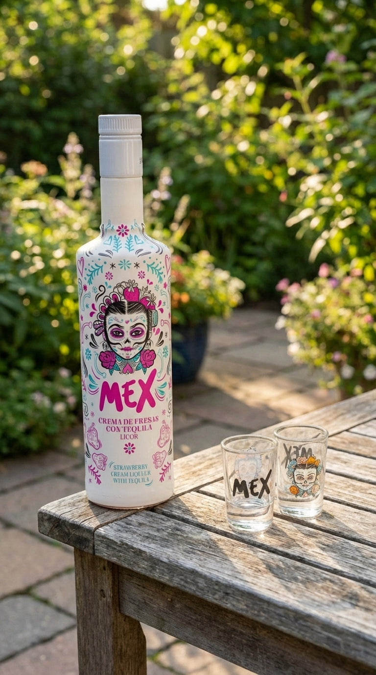 PACK GARRAFA + 2 COPOS DE SHOT - BEBIDA COM TEQUILA - MEX CREAM MORANGO 70cl