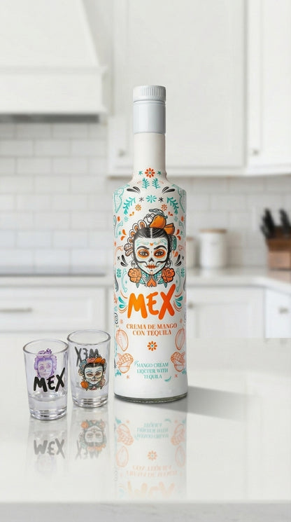 PACK GARRAFA + 2 Copos Shot - BEBIDA COM TEQUILA - MEX CREAM MANGA 70cl