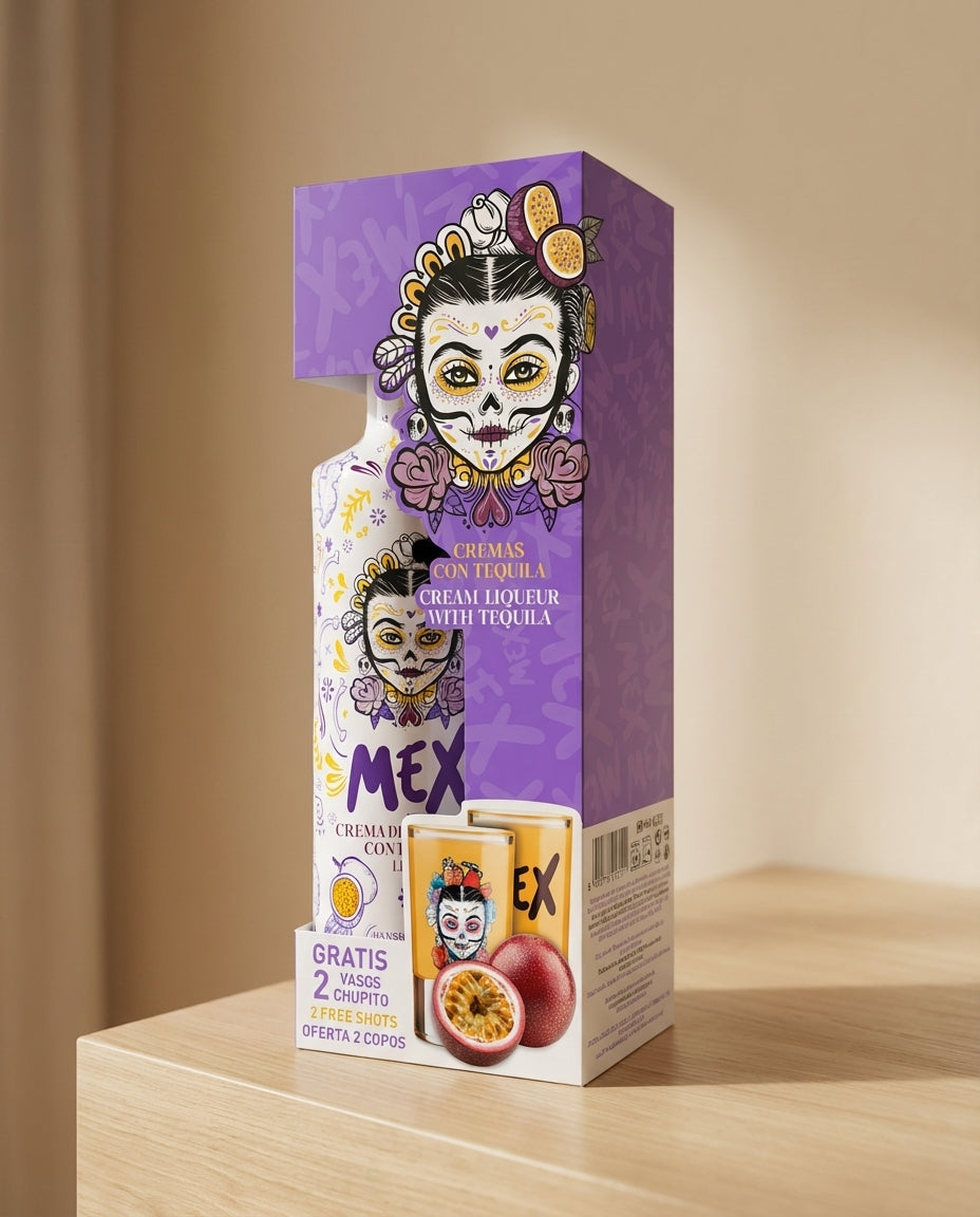 PACK GARRAFA + 2  COPOS DE SHOT - BEBIDA COM TEQUILA - MEX CREAM MARACUJÁ 70cl