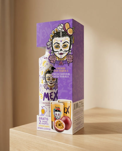 PACK GARRAFA + 2  COPOS DE SHOT - BEBIDA COM TEQUILA - MEX CREAM MARACUJÁ 70cl