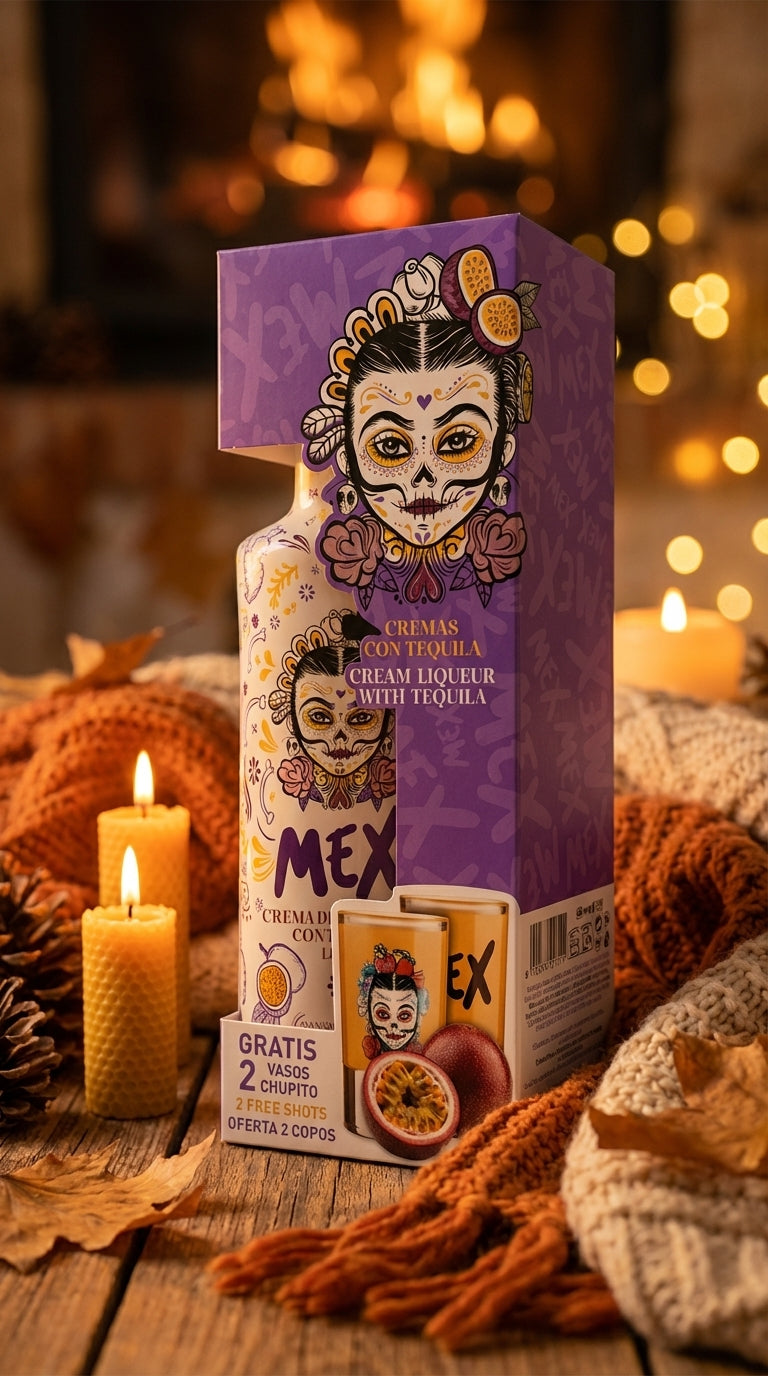 PACK GARRAFA + 2  COPOS DE SHOT - BEBIDA COM TEQUILA - MEX CREAM MARACUJÁ 70cl