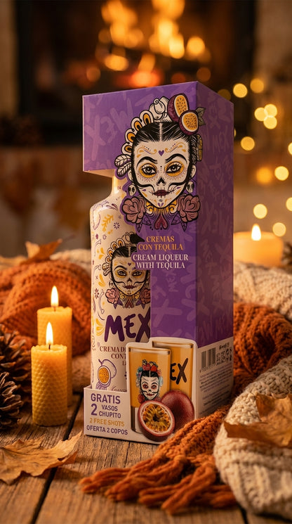 PACK GARRAFA + 2  COPOS DE SHOT - BEBIDA COM TEQUILA - MEX CREAM MARACUJÁ 70cl