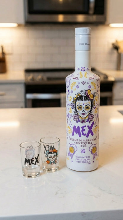 PACK GARRAFA + 2  COPOS DE SHOT - BEBIDA COM TEQUILA - MEX CREAM MARACUJÁ 70cl