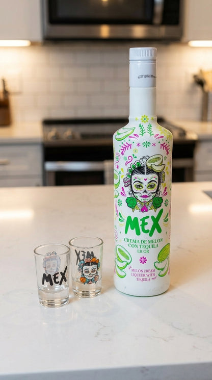 PACK GARRAFA + 2 COPOS SHOT - BEBIDA COM TEQUILA - MEX CREAM MELÃO 70cl