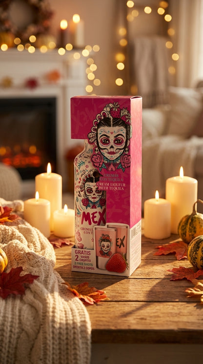 PACK GARRAFA + 2 COPOS DE SHOT - BEBIDA COM TEQUILA - MEX CREAM MORANGO 70cl