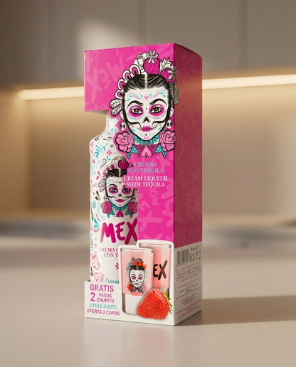 PACK GARRAFA + 2 COPOS DE SHOT - BEBIDA COM TEQUILA - MEX CREAM MORANGO 70cl