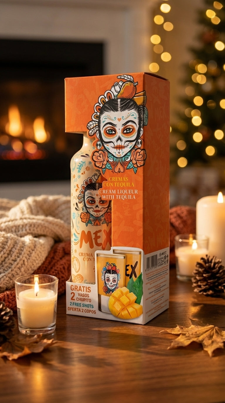 PACK GARRAFA + 2 Copos Shot - BEBIDA COM TEQUILA - MEX CREAM MANGA 70cl