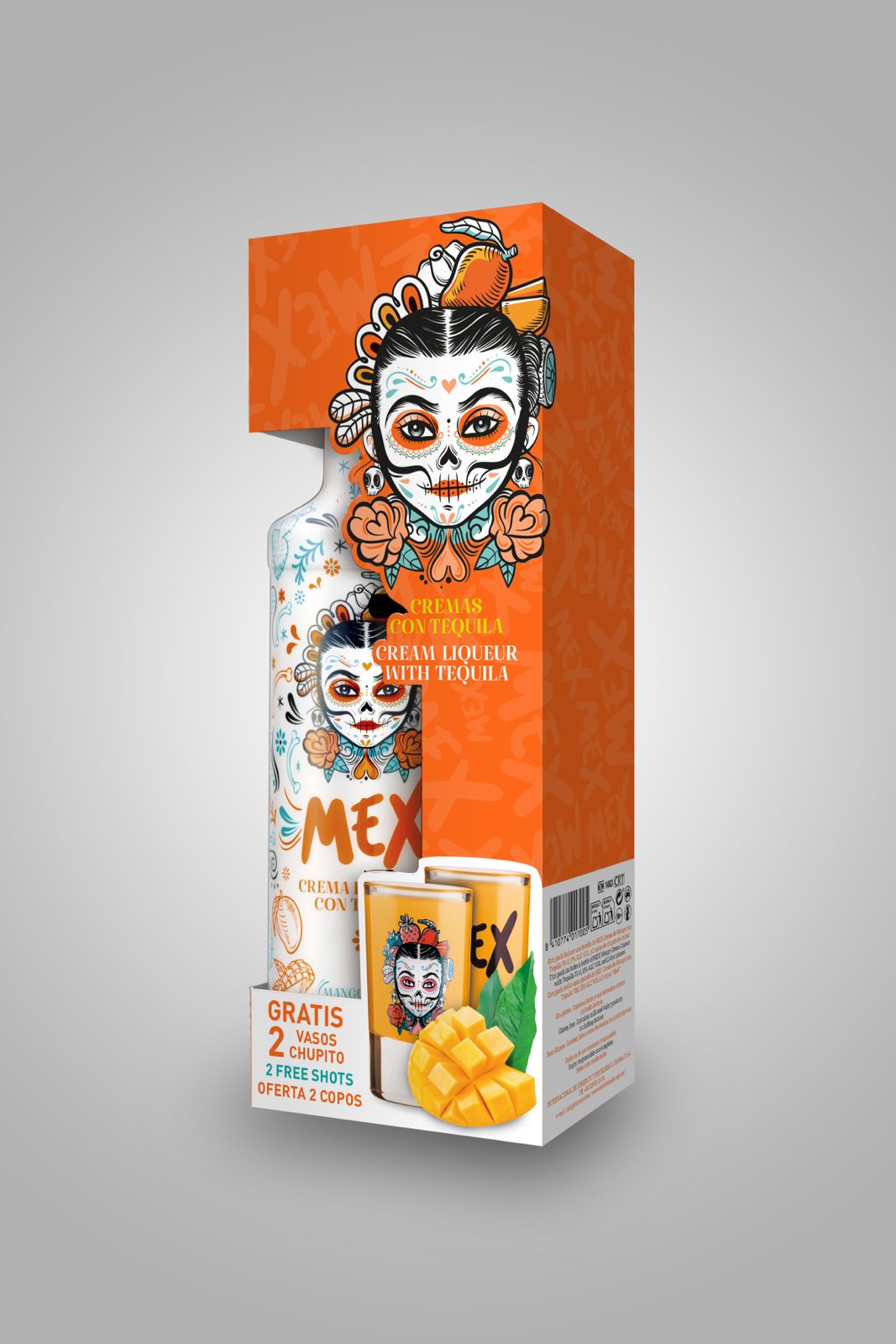 PACK GARRAFA + 2 Copos Shot - BEBIDA COM TEQUILA - MEX CREAM MANGA 70cl