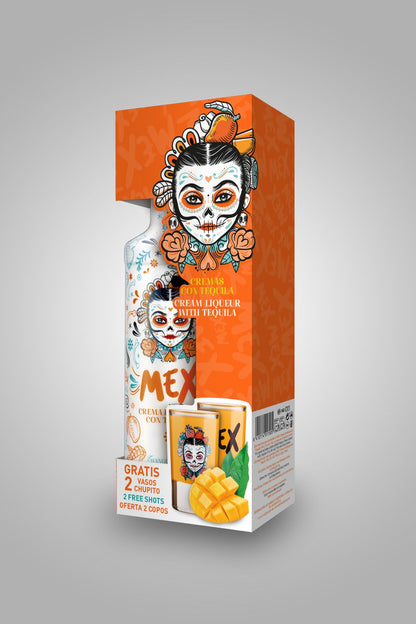 PACK GARRAFA + 2 Copos Shot - BEBIDA COM TEQUILA - MEX CREAM MANGA 70cl