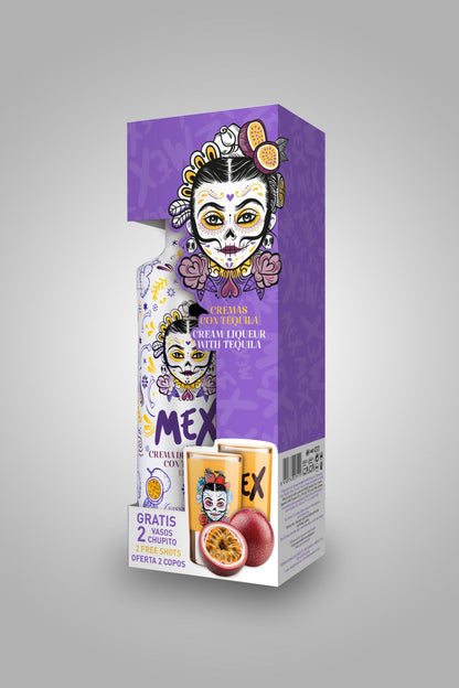 PACK GARRAFA + 2  COPOS DE SHOT - BEBIDA COM TEQUILA - MEX CREAM MARACUJÁ 70cl