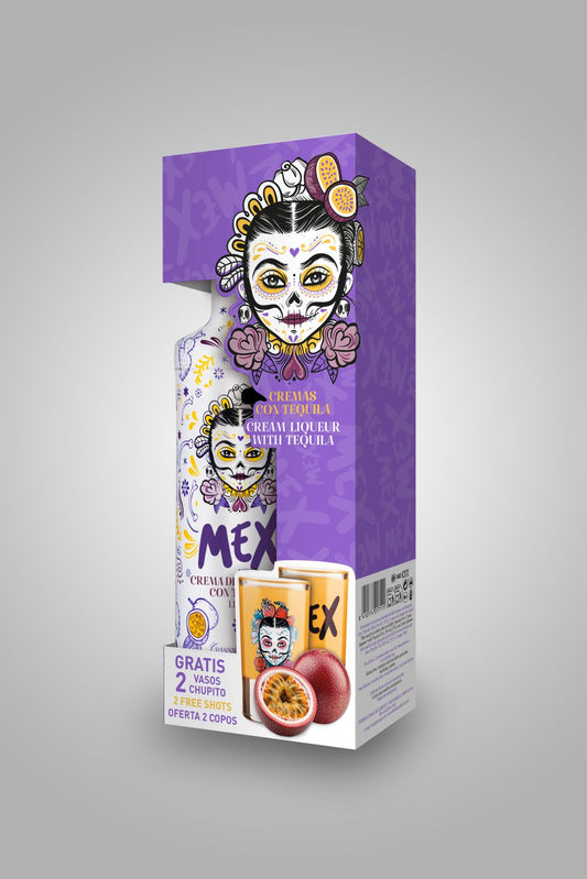 PACK GARRAFA + 2  COPOS DE SHOT - BEBIDA COM TEQUILA - MEX CREAM MARACUJÁ 70cl