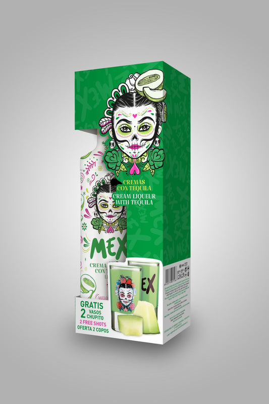 PACK GARRAFA + 2 COPOS SHOT - BEBIDA COM TEQUILA - MEX CREAM MELÃO 70cl