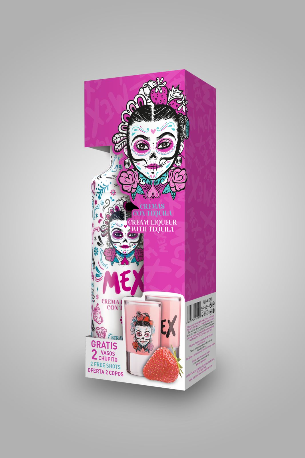 PACK GARRAFA + 2 COPOS DE SHOT - BEBIDA COM TEQUILA - MEX CREAM MORANGO 70cl