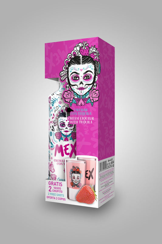 PACK GARRAFA + 2 COPOS DE SHOT - BEBIDA COM TEQUILA - MEX CREAM MORANGO 70cl
