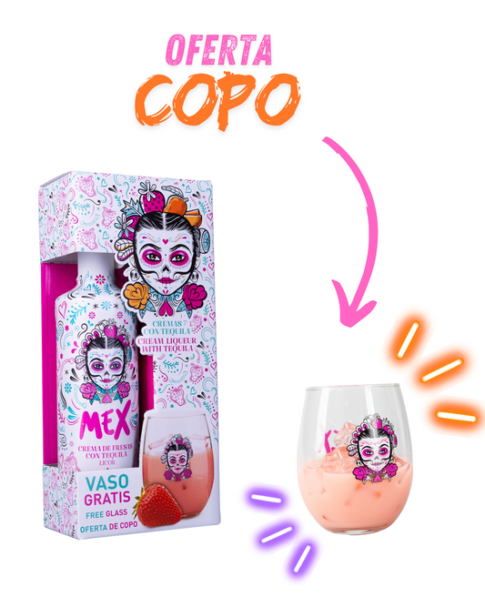 PACK GARRAFA + oferta de COPO - BEBIDA COM TEQUILA - MEX CREAM MORANGO 70cl